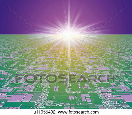 Stock Image - Light and silhouette of a city, high angle view, Computer Graphics, composition. Fotosearch