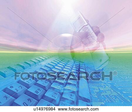 Man holding a mobile phone and image of computer keyboard, Computer Graphics, composition View Large Photo Image Picture - Man holding a mobile phone and image of computer keyboard, Computer Graphics, composition. Fotosearch