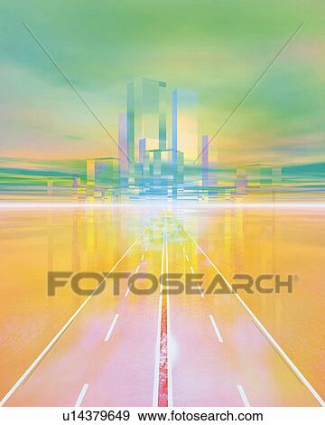 Stock Photo - Straight driveway and image of skyscrapers, Computer Graphics, composition. Fotosearch