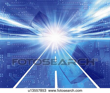Stock Image - Straight driveway and sunshine with image of computer, Computer Graphics, composition. Fotosearch