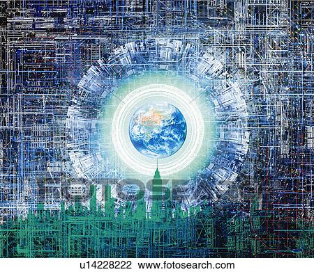 Stock Image - The earth and silhouette of skyscrapers, Computer Graphics, composition. Fotosearch