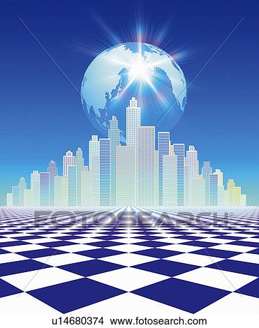 Picture - The earth and skyscrapers beyond the checkered floor, Computer Graphics, composition. Fotosearch