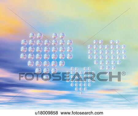 Three hearts constructed with balls floating in the sky, low angle view, Computer Graphics, composition View Large Photo Image Stock Photo - Three hearts constructed with balls floating in the sky, low angle view, Computer Graphics, composition. Fotosearch