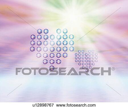 Stock Photo - Two hearts constructed with balls floating in the sky, front view, Computer Graphics, composition. Fotosearch