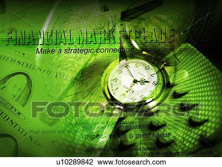 Stock Image - Close-up of a pocket watch superimposed on currency notes. Fotosearch