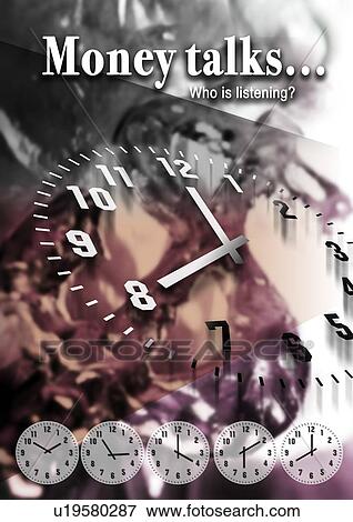 Stock Photo - Close-up of text superimposed on a background of clocks. Fotosearch