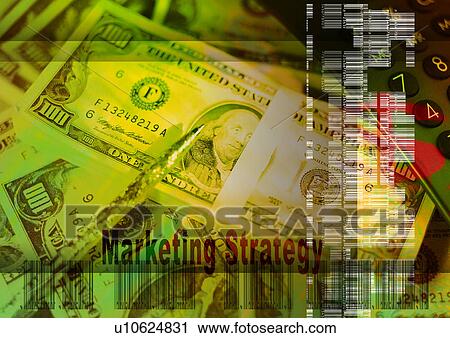 Stock Image - Close-up of text superimposed on currency notes. Fotosearch