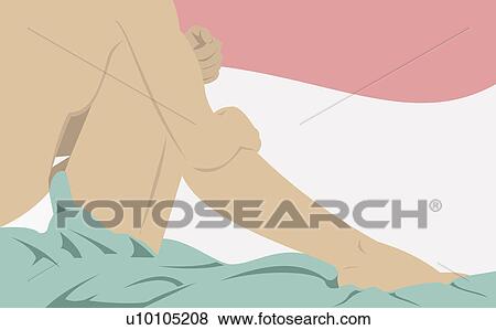 サイドプロフィール の A 女性の モデル ベッド そして 抱き合う 彼女 ひざ イラスト U Fotosearch