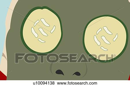 Stock Illustration - Close-up of a woman wearing a facial mask and cucumber slices on her eyes. Fotosearch