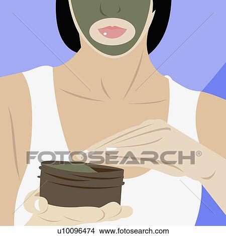 Stock Illustration - Close-up of a young woman applying a pack on her face. Fotosearch
