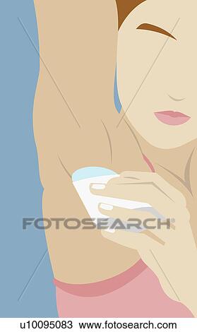 Drawing - Close-up of a young woman applying deodorant under her arm. Fotosearch