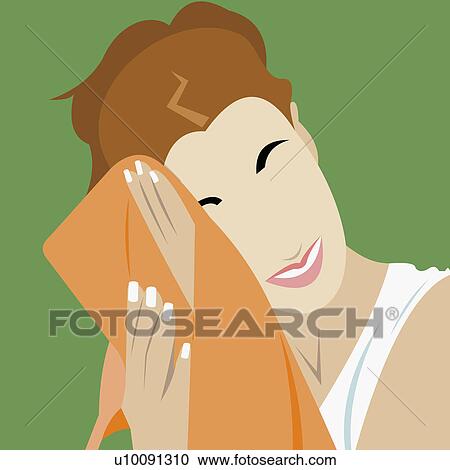 Close-up of a young woman wiping her face with a towel View Large Illustration Clipart - Close-up of a young woman wiping her face with a towel. Fotosearch