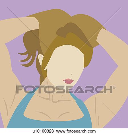 Close-up of a young woman with her hands in her hair View Large Illustration Drawing - Close-up of a young woman with her hands in her hair. Fotosearch
