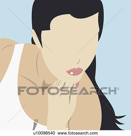 Clipart - Close-up of a young woman with her hand under her chin. Fotosearch