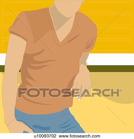 Drawing - Mid section view of a man leaning against a table. Fotosearch