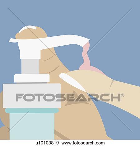 Stock Illustration - Person's hand using a soap dispenser. Fotosearch