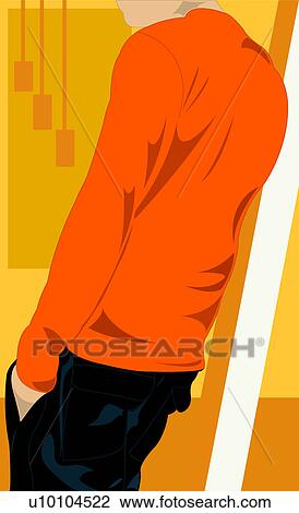 Drawing - Rear view of a man standing with his hands in his pockets. Fotosearch