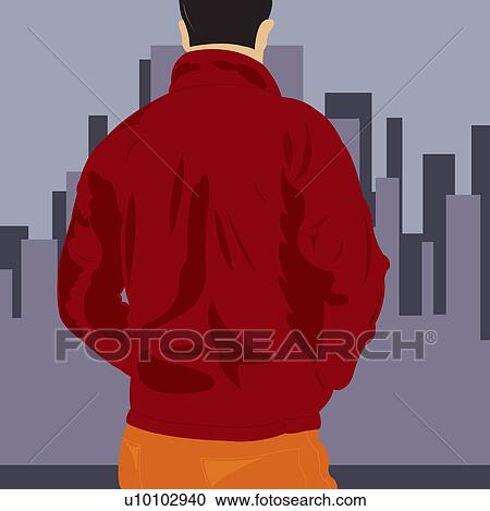 Rear view of a man wearing a red jacket View Large Illustration Clipart - Rear view of a man wearing a red jacket. Fotosearch