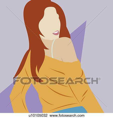 Drawing - Rear view of a young woman looking back. Fotosearch