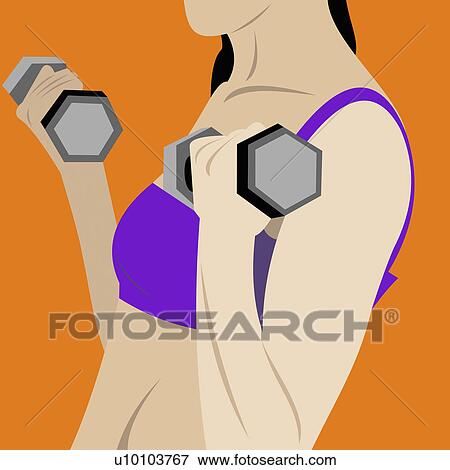 Stock Illustration - Side profile of a young woman exercising with dumbbells. Fotosearch