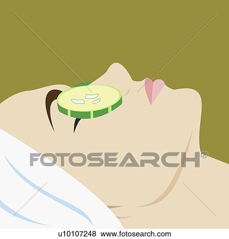 Stock Illustration - Side profile of a young woman with cucumber slices on her eyes. Fotosearch