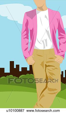 Stock Illustration - Young man standing with his hands in his pockets in a park. Fotosearch