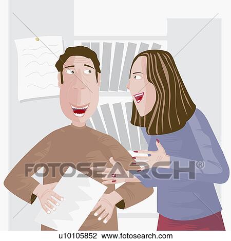 Businessman and a businesswoman gossiping in the office View Large Illustration Drawing - Businessman and a businesswoman gossiping in the office. Fotosearch