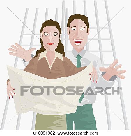 Drawing - Businessman and a businesswoman looking at a blueprint. Fotosearch