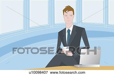 Stock Illustration - Businessman sitting in front of a laptop and holding a glass. Fotosearch