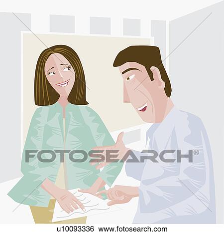 Stock Illustration - Businesswoman holding a document and standing with a businessman. Fotosearch