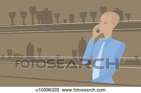 Drawing - Close-up of a bartender using a mobile phone. Fotosearch