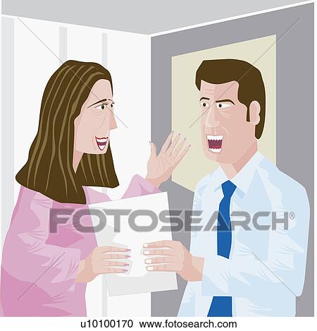 Close-up of a businessman and a businesswoman arguing in an office and holding a document View Large Illustration Clipart - Close-up of a businessman and a businesswoman arguing in an office and holding a document. Fotosearch