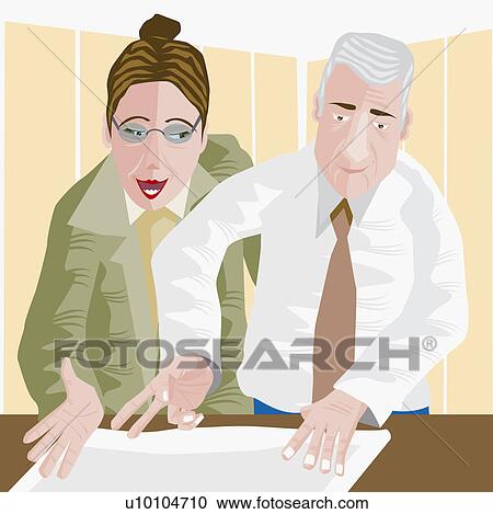 Clipart - Close-up of a businessman and a businesswoman discussing a blueprint. Fotosearch