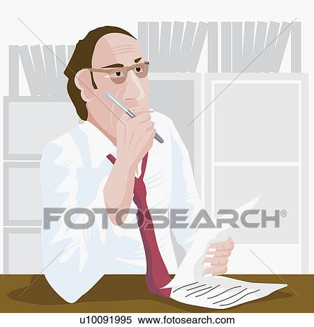 Stock Illustration - Close-up of a businessman sitting in an office and thinking. Fotosearch