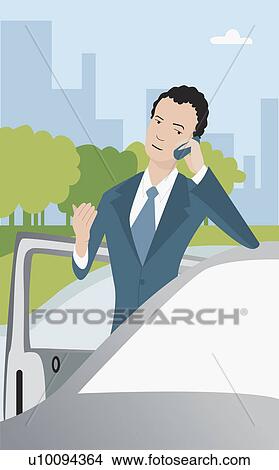 Stock Illustration - Close-up of a businessman using a mobile phone and leaning on a car. Fotosearch