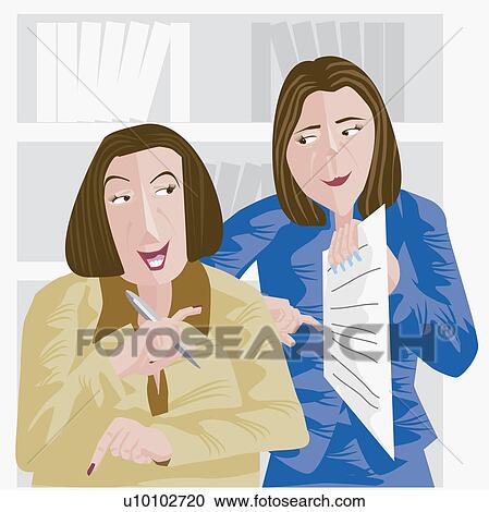 Clipart - Close-up of a businesswoman holding a document with another pointing at it. Fotosearch