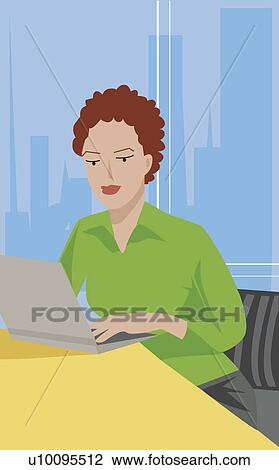 Drawing - Close-up of a businesswoman sitting in an office and using a laptop. Fotosearch
