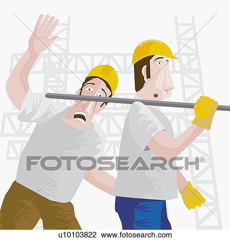 Drawing - Close-up of a construction worker getting hit with an iron rod carried on the shoulder by another worker. Fotosearch