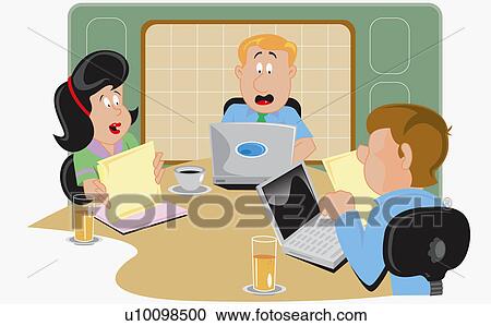 Clipart - Close-up of two businessmen and a businesswoman in a board room. Fotosearch