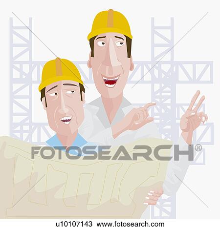 Drawing - Close-up of two construction workers holding a blueprint. Fotosearch