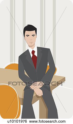 Stock Illustration - Portrait of a businessman sitting on the table in an office. Fotosearch