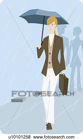 Stock Illustration - Portrait of a businesswoman holding an umbrella and walking. Fotosearch