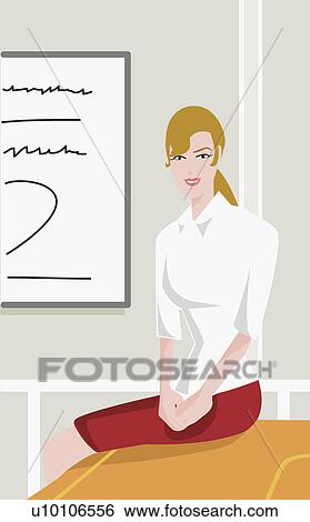 Stock Illustration - Portrait of a businesswoman sitting on a conference table and smiling. Fotosearch