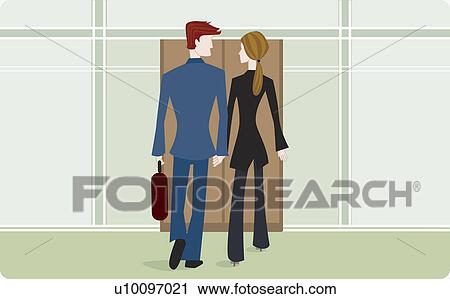 Rear view of a businessman and a businesswoman holding hands and walking View Large Illustration Clip Art - Rear view of a businessman and a businesswoman holding hands and walking. Fotosearch