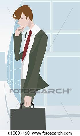 Clipart - Side profile of a businessman holding a bag and thinking. Fotosearch