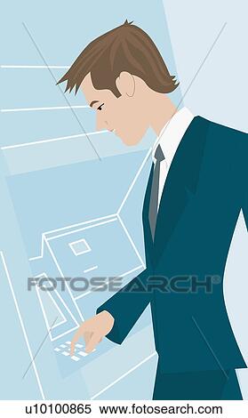 Stock Illustration - Side profile of a businessman using an ATM machine. Fotosearch