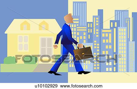 Stock Illustration - Side profile of a businessman walking with a briefcase from a town into a city. Fotosearch