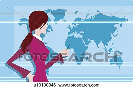 Stock Illustration - Side profile of a businesswoman giving a presentation in front of a world map. Fotosearch
