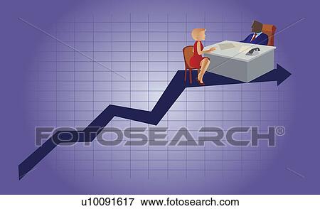 Stock Illustration - Businessman and a businesswoman sitting at a desk on a line graph. Fotosearch