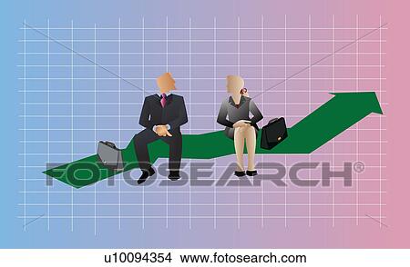 Stock Illustration - Businessman and a businesswoman sitting on a line graph. Fotosearch